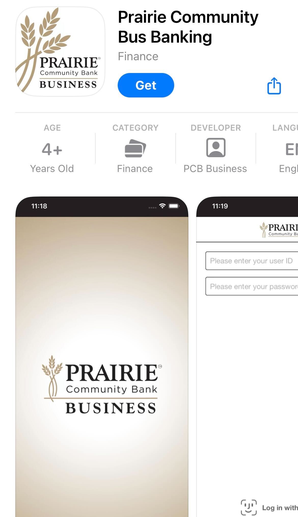 Prairie Community Bus Banking App Store View