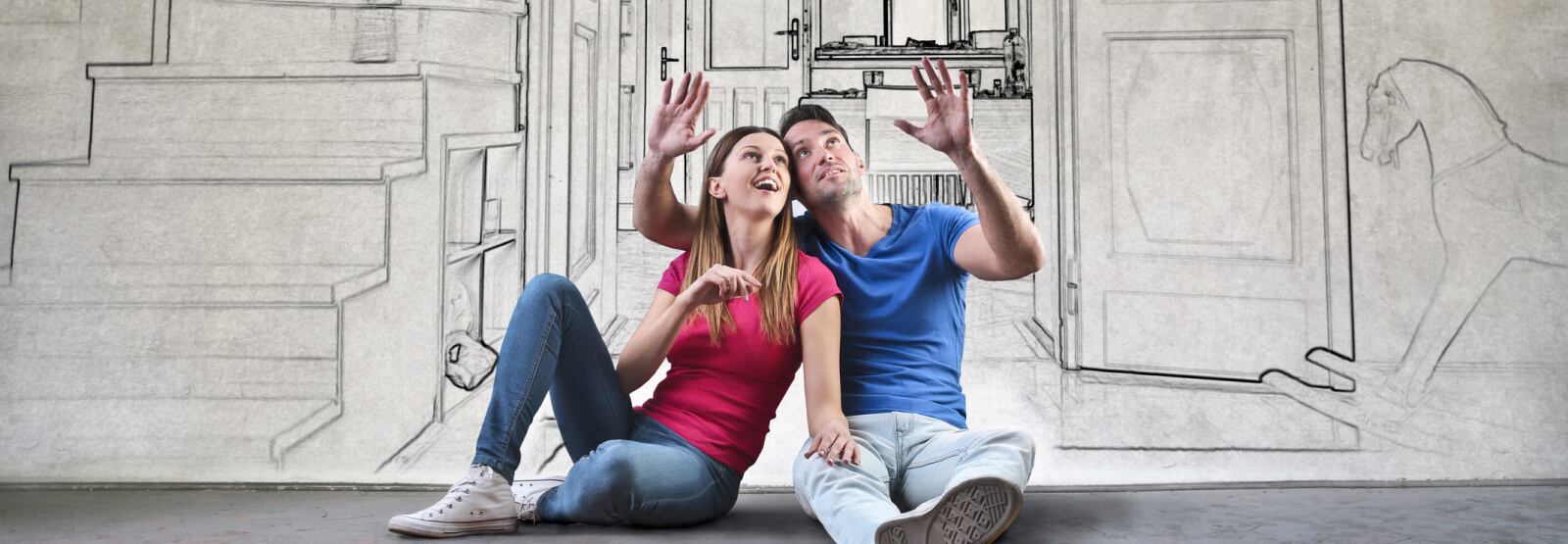 Young couple sitting in an imaginary house